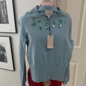 Cinq à Sept Light Blue Sweater with Green Accents
